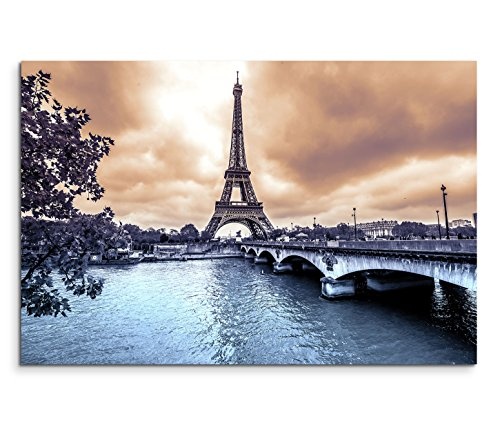 120x80cm Leinwandbild auf Keilrahmen Paris Eiffelturm Seine Brücke Winter Wolken Wandbild auf Leinwand als Panorama