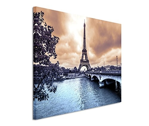 120x80cm Leinwandbild auf Keilrahmen Paris Eiffelturm Seine Brücke Winter Wolken Wandbild auf Leinwand als Panorama