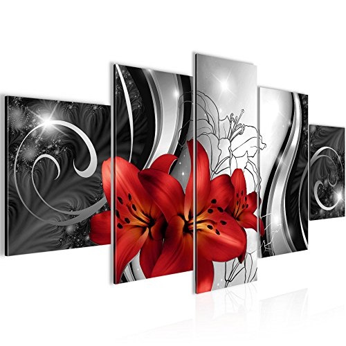 Bilder Blumen Lilien Wandbild 100 x 50 cm Vlies - Leinwand Bild XXL Format Wandbilder Wohnzimmer Wohnung Deko Kunstdrucke Rot 5 Teilig - Made IN Germany - Fertig zum Aufhängen 208452c