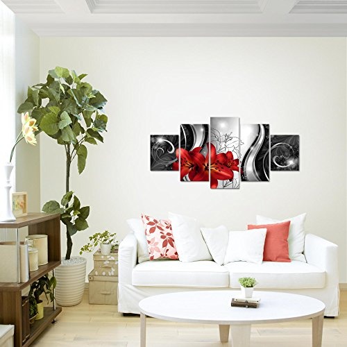 Bilder Blumen Lilien Wandbild 100 x 50 cm Vlies - Leinwand Bild XXL Format Wandbilder Wohnzimmer Wohnung Deko Kunstdrucke Rot 5 Teilig - Made IN Germany - Fertig zum Aufhängen 208452c