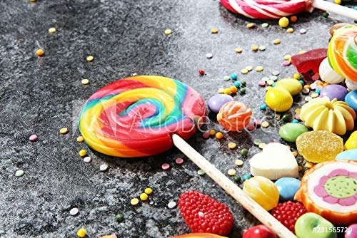 druck-shop24 Wunschmotiv: Candies with Jelly and Sugar. Colorful Array of Different Childs Sweets and Treats. #231565720 - Bild auf Leinwand - 3:2-60 x 40 cm / 40 x 60 cm