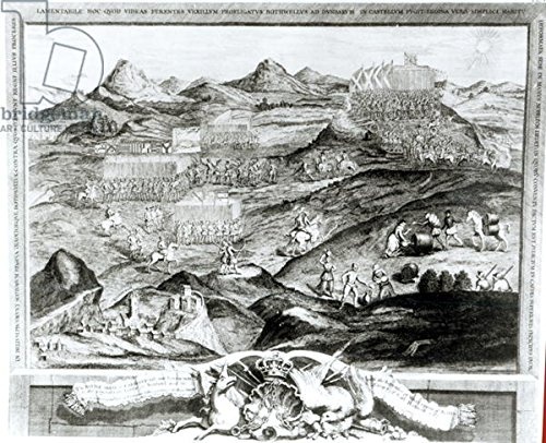 Leinwand-Bild 120 x 100 cm: "The Battle Array of Carberry Hill near Edinburgh with the Surrender of Mary, Queen of Scots to the Confederate Lords of Scotland and the Escape of Earl Bothwell in 1567, engraved by the artist, 1743 (engraving)", Bild auf Lein