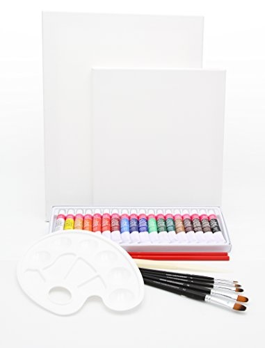 XL-TISCHSTAFFELEI + Malset "RIVA" 30-teilig mit Acrylfarben, Pinselset + 2x Keilrahmen, große Version für Bilder bis 70 cm, Utensilienkoffer, Kofferstaffelei