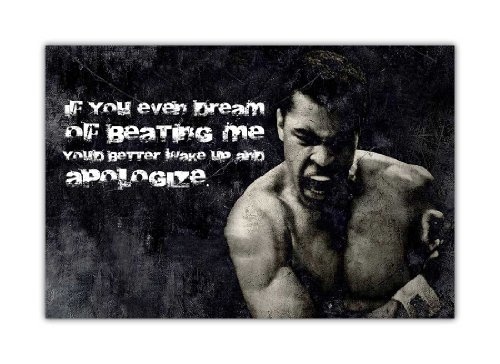 Kunstdruck auf Leinwand Art Wand Bilder Legenden Iconic Muhammad Ali APOLOGIZE Zitat Print Bild Raum Dekoration Home Wand schwarz und weiß Nostalgie Boxen Champions, canvas, schwarz / weiß, 0- A4 - 12" X 8" (30CM X 20CM)