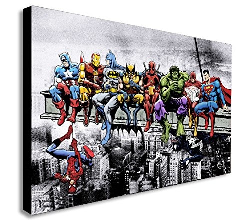 FAB Marvel DC Comic Super Heroes Lunch Wolkenkratzer Leinwand gerahmt Wall Art - verschiedene Größen, schwarz/weiß, A0 47x33 inch