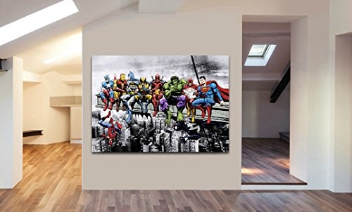 FAB Marvel DC Comic Super Heroes Lunch Wolkenkratzer Leinwand gerahmt Wall Art - verschiedene Größen, schwarz/weiß, A0 47x33 inch