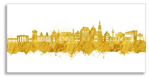 Kunstbruder Wandbild - Aachen Skyline Weiss/Gold (div. Größen) - Kunstdruck auf Leinwand Streetart Graffiti Like Banksy Bürobild 50x100cm
