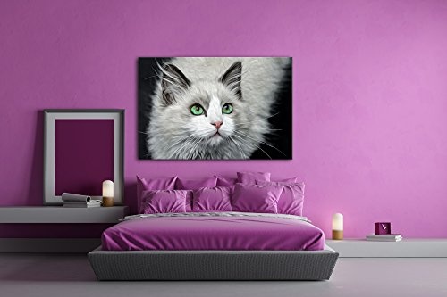 deyoli Weiße Katze mit grünen Augen Effekt: Zeichnung Format: 120x80 als Leinwand, Motiv fertig gerahmt auf Echtholzrahmen, Hochwertiger Digitaldruck mit Rahmen, Kein Poster oder Plakat