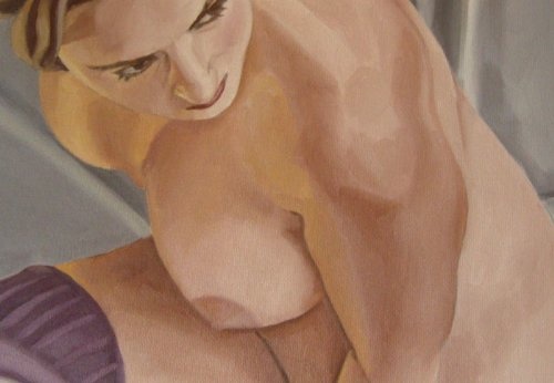 Ölgemälde Frau nackt mit gestreiften Strümpfen Erotik handgemalt Kunst Akt in Öl Erotik Ölbild Bilder original Gemälde Malerei - in EINWEG Verpackung -