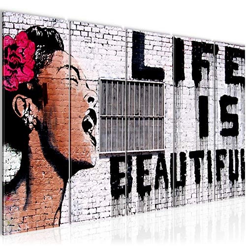 Bilder Life is Beautiful Banksy Street Art Wandbild 200 x 80 cm 5 Teilig Vlies - Leinwand Bild XXL Format Wandbilder Wohnzimmer Wohnung Deko Kunstdrucke Grau MADE IN GERMANY Fertig zum Aufhängen 301355a
