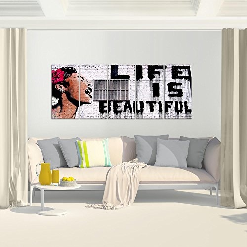 Bilder Life is Beautiful Banksy Street Art Wandbild 200 x 80 cm 5 Teilig Vlies - Leinwand Bild XXL Format Wandbilder Wohnzimmer Wohnung Deko Kunstdrucke Grau MADE IN GERMANY Fertig zum Aufhängen 301355a