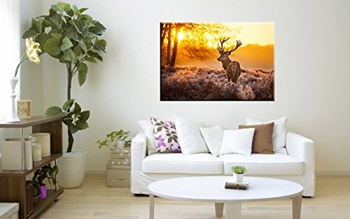 Leinwandbild Hirsch im Wald bei Sonnenuntergang Wandbild auf Keilrahmen. Beste Qualität aus Deutschland! Handgefertigt! 120x80cm