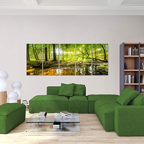 Bilder Wald Landschaft Wandbild 200 x 80 cm Vlies - Leinwand Bild XXL Format Wandbilder Wohnzimmer Wohnung Deko Kunstdrucke Grün 5 Teilig - MADE IN GERMANY - Fertig zum Aufhängen 611755a
