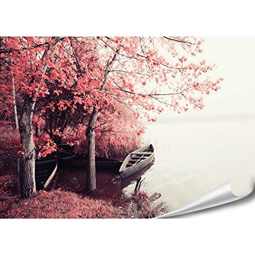 PMP-4life XXL Poster Boot bei rotem Wald | 140x100cm | hochauflösendes Fotoposter | Mystisches Wand-Foto extra groß | XL Wand-Bild | FineArt Wanddeko Bild modern minimalistisch See