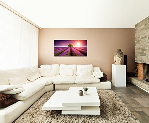 120x60cm - Fotodruck auf Leinwand und Rahmen Lavendelfeld Sonnenuntergang Landschaft - Leinwandbild auf Keilrahmen modern stilvoll - Bilder und Dekoration