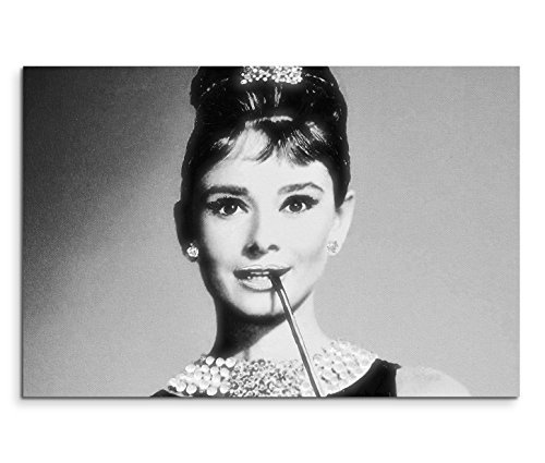 120x80cm Leinwandbild auf Keilrahmen Audrey Hepburn Portrait Gesicht schwarz weiß Wandbild auf Leinwand als Panorama