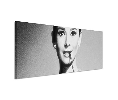 150x50cm Leinwandbild auf Keilrahmen Audrey Hepburn Portrait Gesicht schwarz weiß Wandbild auf Leinwand als Panorama