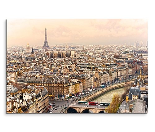 120x80cm Leinwandbild auf Keilrahmen Paris Stadt Häuser Seine Eiffelturm Wandbild auf Leinwand als Panorama