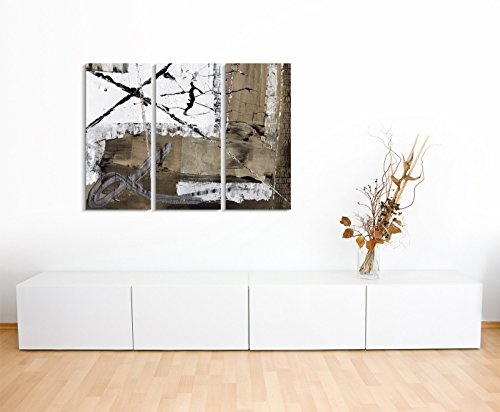 130x90 cm Abstraktes Wandbild! 3-teiliges Leinwandbild Fotoleinwand weiß schwarz braun gemalt
