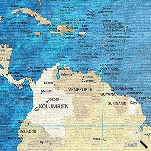 LANA KK - Weltkarte Leinwandbild mit Korkrückwand zum pinnen der Reiseziele - "World Map Blue Ocean" - deutsch - Kunstdruck-Pinnwand Globus in blau, einteilig & fertig gerahmt in 100x70cm