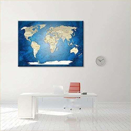 LANA KK - Weltkarte Leinwandbild mit Korkrückwand zum pinnen der Reiseziele - "World Map Blue Ocean" - deutsch - Kunstdruck-Pinnwand Globus in blau, einteilig & fertig gerahmt in 100x70cm