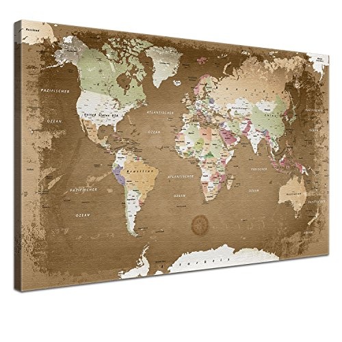 LANA KK - Leinwandbild "Weltkarte Oldstyle" Weltkarte - deutsch - Kunstdruck-Pinnwand auf Echtholz-Keilrahmen – Globus in  braun, einteilig  & fertig gerahmt in  100 x 70 cm