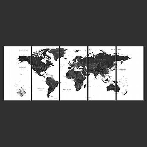 decomonkey Akustikbild Pinnwand Weltkarte 200x80 5 Teilig Bilder Leinwandbilder Wandbilder als Korktafel XXL Korkwand nutzbar Schallschutz Akustikdämmung leise Landkarte Kontinente schwarz weiß