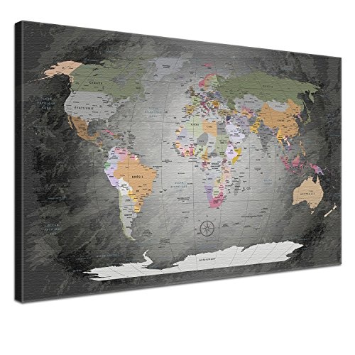 LANA KK - Weltkarte Leinwandbild mit Korkrückwand zum pinnen der Reiseziele - "Worldmap Edelgrau" - französisch - Kunstdruck-Pinnwand Globus in grau, einteilig & fertig gerahmt in 100x70cm