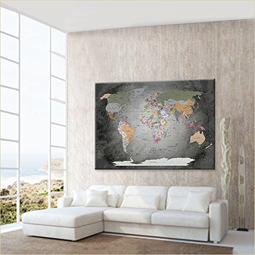 LANA KK - Weltkarte Leinwandbild mit Korkrückwand zum pinnen der Reiseziele - "Worldmap Edelgrau" - französisch - Kunstdruck-Pinnwand Globus in grau, einteilig & fertig gerahmt in 120x80cm