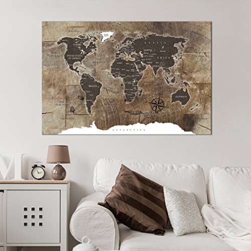 decomonkey Bilder Weltkarte 120x80 cm XXL 1 Teilig Leinwandbilder Bild auf Leinwand Wandbild Kunstdruck Wanddeko Wand Wohnzimmer Wanddekoration Deko Holz Welt Karte Landkarte Kontinente