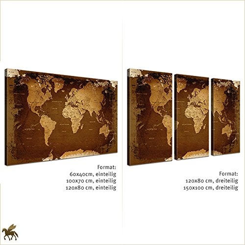 LANA KK - Weltkarte Leinwandbild mit Korkrückwand zum pinnen der Reiseziele - "Weltkarte Retro Dark" - deutsch - Kunstdruck-Pinnwand Globus in braun, einteilig & fertig gerahmt in 120x80cm