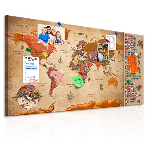 decomonkey | Weltkarte Pinnwand 90x45 cm | Leinwand | Bilder | Leinwandbilder | Fertig aufgespannt auf dicker 10mm Holzfasertafel | Aufhängfertig | Auch als Korktafel nutzbar
