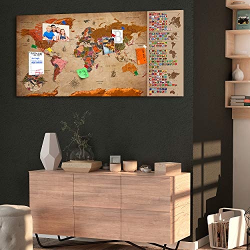 decomonkey | Weltkarte Pinnwand 90x45 cm | Leinwand | Bilder | Leinwandbilder | Fertig aufgespannt auf dicker 10mm Holzfasertafel | Aufhängfertig | Auch als Korktafel nutzbar
