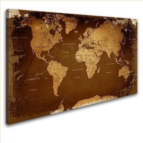 LANA KK - Weltkarte Leinwandbild  "Weltkarte Retro Dark" - deutsch - Kunstdruck-Pinnwand auf Echtholz-Keilrahmen - Globus in braun, einteilig & fertig gerahmt in 60x40cm