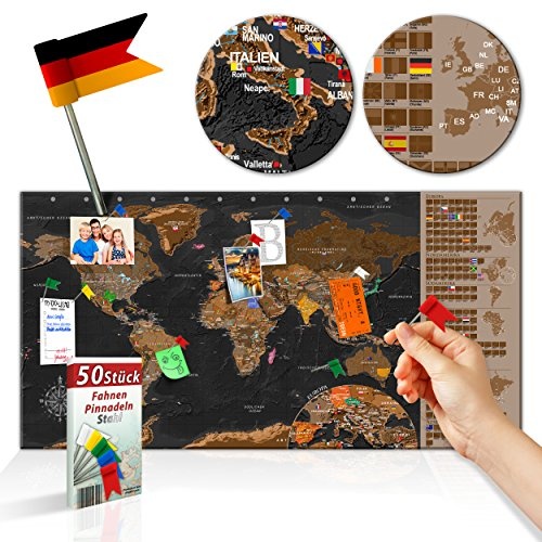 decomonkey Rubbelweltkarte Pinnwand DEUTSCH 90x45 cm Weltkarte zum Rubbeln mit Fahnen/NationalfLaggen Rubbelkarte Full HD Scratch Off World Travel Map Landkarte inkl. 50 Markierfähnchen Pinnadeln