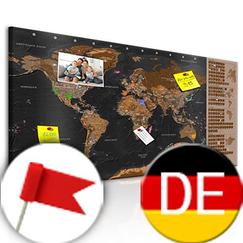 decomonkey Rubbelweltkarte Pinnwand DEUTSCH 90x45 cm Weltkarte zum Rubbeln mit Fahnen/NationalfLaggen Rubbelkarte Full HD Scratch Off World Travel Map Landkarte inkl. 50 Markierfähnchen Pinnadeln