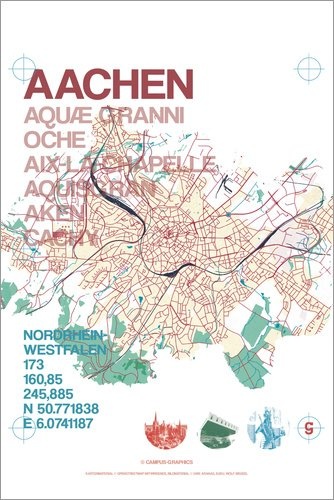 Posterlounge Leinwandbild 100 x 150 cm: Aachen Karte Stadtmotiv von Campus Graphics - fertiges Wandbild, Bild auf Keilrahmen, Fertigbild auf echter Leinwand, Leinwanddruck
