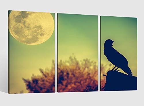 Leinwandbild 3 tlg Vogel Nacht Landschaft Mond Rabe Bild...