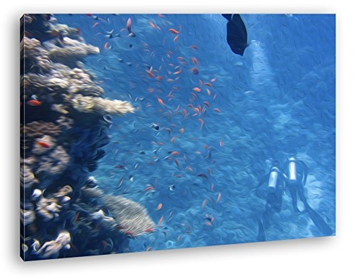 Fische an einem atemberaubenden Korallenriff Effekt: Zeichnung Format: 60x40 als Leinwandbild, Motiv fertig gerahmt auf Echtholzrahmen, Hochwertiger Digitaldruck mit Rahmen, Kein Poster oder Plakat