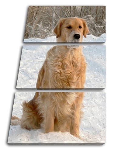 Niedlicher Golden Retriever im Schnee Effekt: Zeichnung Format: 3-teilig 120x80 als Leinwandbild, Motiv fertig gerahmt auf Echtholzrahmen, Hochwertiger Digitaldruck mit Rahmen, Kein Poster oder Plakat