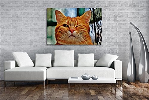 deyoli zwinkernde Katze Effekt: Zeichnung Format: 80x60 als Leinwandbild, Motiv fertig gerahmt auf Echtholzrahmen, Hochwertiger Digitaldruck mit Rahmen, Kein Poster oder Plakat