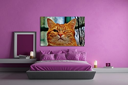 deyoli zwinkernde Katze Effekt: Zeichnung Format: 80x60 als Leinwandbild, Motiv fertig gerahmt auf Echtholzrahmen, Hochwertiger Digitaldruck mit Rahmen, Kein Poster oder Plakat
