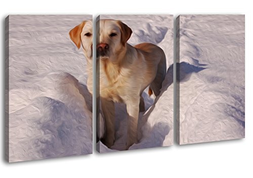 Drolliger Labrador im Schnee Effekt: Zeichnung Format: 3-teilig 120x80 als Leinwandbild, Motiv fertig gerahmt auf Echtholzrahmen, Hochwertiger Digitaldruck mit Rahmen, Kein Poster oder Plakat